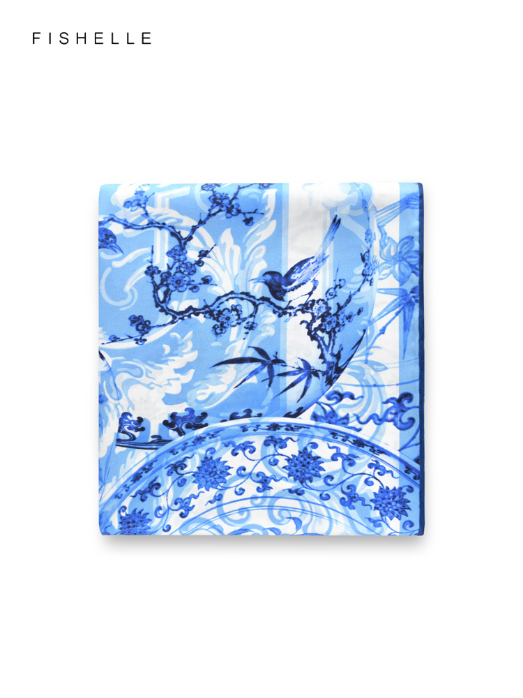 Face Scarf Mask - Blue flowers birds 100% natural silk