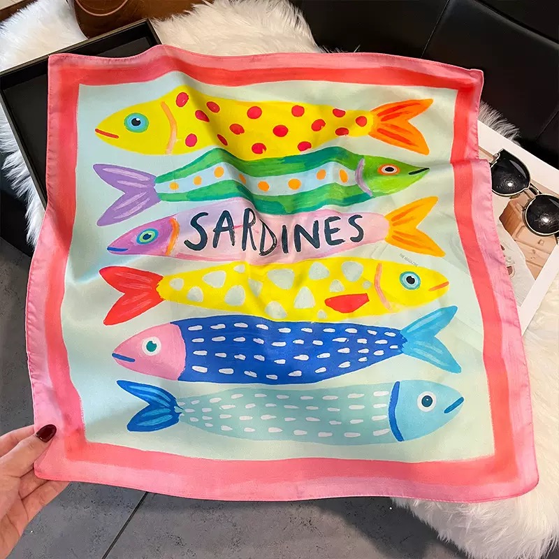 Fashion Fish Pattern Square Si - Silk Neck Scarf ulasan dan harga